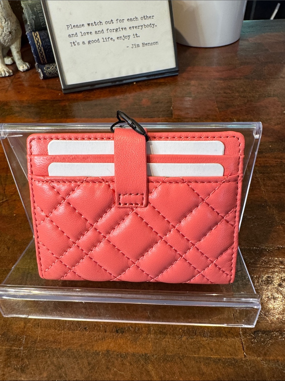 Kurt Geiger Quilted Coral Card Wallet with Gold Snap - Picture 2 of 6